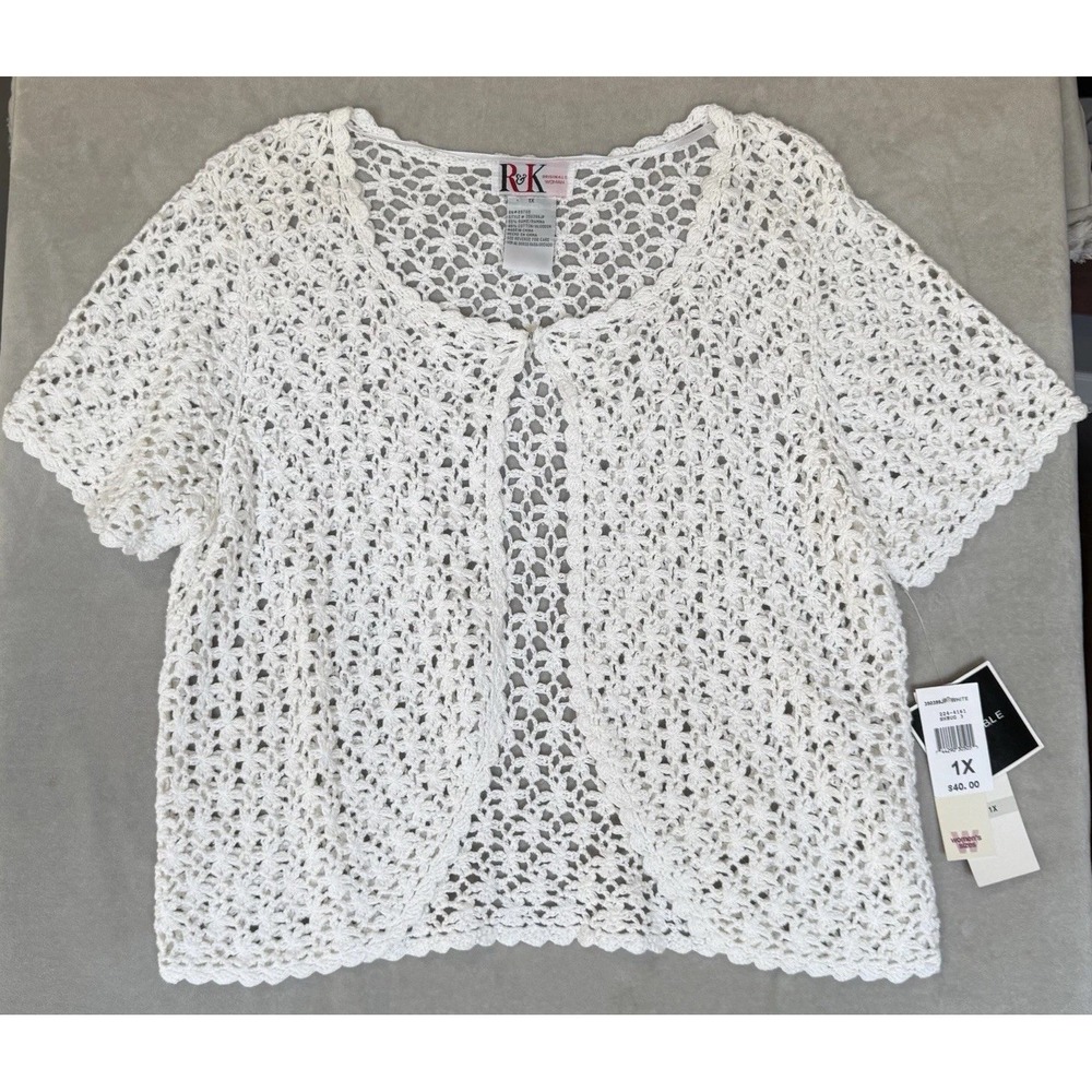 Vintage R&K Women 1X White Crochet Shrug Open Front Scalloped Bohemian Boho Chic